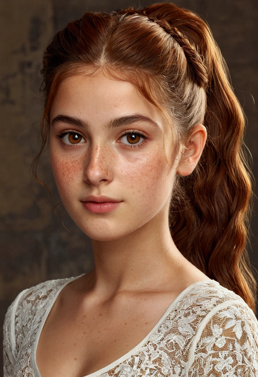 ((best quality)), ((masterpiece)), (detailed), 1girl, auburn hair, brown eyes, light freckles, 165 meters tall, hair tied back, 50 kilos,turkish origin,