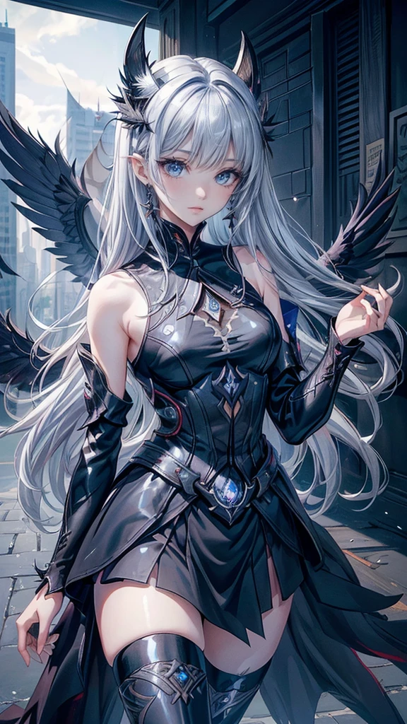 ((4K works))、​masterpiece、（top-quality)、((high-level image quality))、((one beautiful women))、Slim body、((Black Y Shirt Fashion))、(Detailed beautiful eyes)、Crow on fantastic city background、Walk the crowded streets、((Face similar to Chaewon in Ruseraphim))、((shoulder-length hair))、((bright silver hair))、((Smaller face))、((Neutral face))、((Light blue eyes))、((Korean Women))、((18year old))、((Wild Lady))、((Wild look))、((Show your fangs and laugh))、((Korean makeup with black eyeshadow))、((elongated and sharp eyes))、((Shot alone))、((Fallen Angel))、((Fallen Angel Woman))、Photos of fallen angels、Villain、((amazing photo))、Photographed so that the whole body can be seen、horor、((There is a crow on the right shoulder))、Dark Proof、Professional Photos、((She is walking next to the viewer))、((Happy dating))