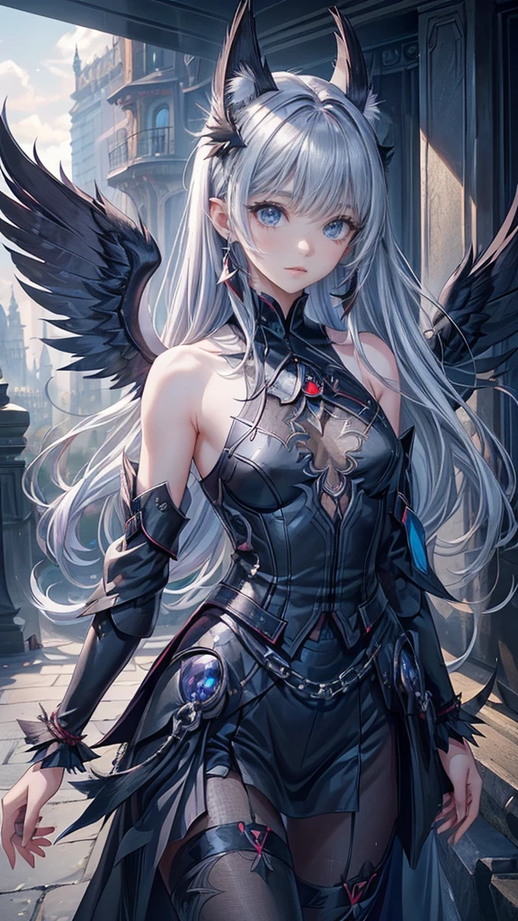 ((4K works))、masterpiece、(top-quality)、((high-level image quality))、((one beautiful women))、Slim body、((Black Y Shirt Fashion))、(Detailed beautiful eyes)、Crow on fantastic city background、Walk the crowded streets、((Face similar to Chaewon in Ruseraphim))、((shoulder-length hair))、((bright silver hair))、((Smaller face))、((Neutral face))、((Light blue eyes))、((Korean Women))、((18year old))、((Wild Lady))、((Wild look))、((Show your fangs and laugh))、((Korean makeup with black eyeshadow))、((elongated and sharp eyes))、((Shot alone))、((Fallen Angel))、((Fallen Angel Woman))、Photos of fallen angels、Villain、((amazing photo))、Photographed so that the whole body can be seen、horor、((There is a crow on the right shoulder))、Dark Proof、Professional Photos、((She is walking next to the viewer))、((Happy dating))