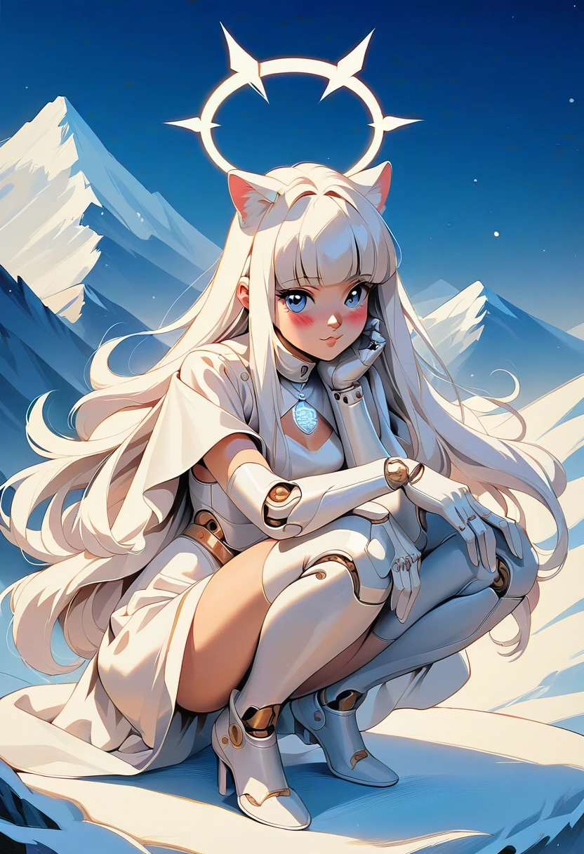 (score_9, score_8_up, score_7_up), zPDXL, 1 girl, alone, looking at viewer, crouching, hands on knees, white cat, mountain background, white hair, blue eyes, full body, long hair, white dress, bright white hair, white halo of light, halo, metallic pendant, blushing cheeks, white cat, mountain with a bit of snow, beautiful girl crouching with a halo of light, retro style, white cape, blunt bangs, white aura,