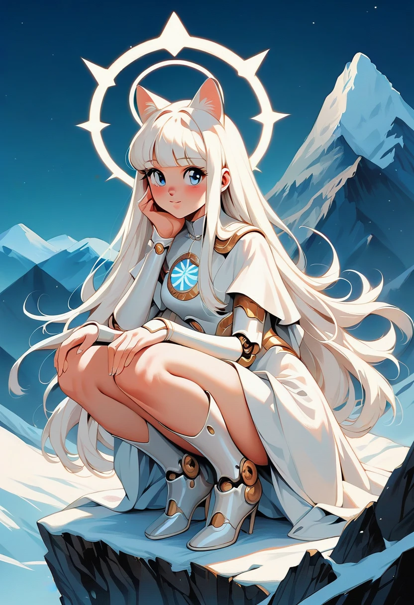 (score_9, score_8_up, score_7_up), zPDXL, 1 girl, alone, looking at viewer, crouching, hands on knees, white cat, mountain background, white hair, blue eyes, full body, long hair, white dress, bright white hair, white halo of light, halo, metallic pendant, blushing cheeks, white cat, mountain with a bit of snow, beautiful girl crouching with a halo of light, retro style, white cape, blunt bangs, white aura,