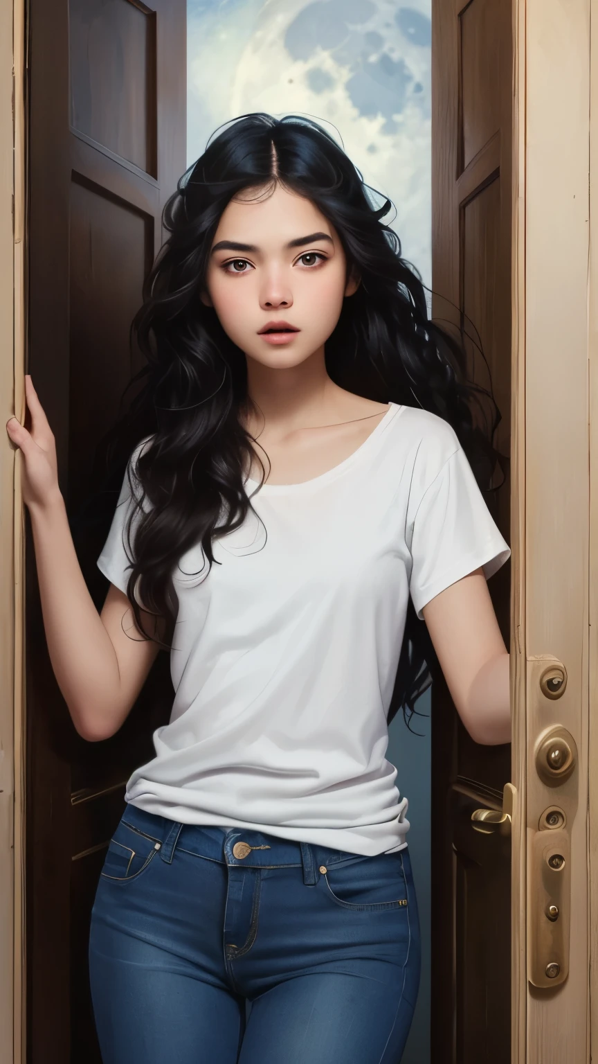 ((best quality)), ((masterpiece)), (detailed), A digital illustration of a long black haired teenage girl slowly opening a door with a expression of tense on her face. She is wearing a plain white t-shirt and blue jeans. The background is full moon and haunted