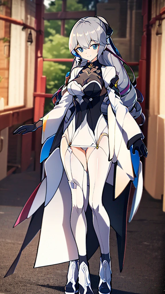 (full body),masterpiece, Highest quality, High resolution, One girl, alone, Grey Hair, Blue eyes, ( bodysuit,leotard,headset,ribbon,No sleeve, White gloves, Knee-high boots), Cowboy Shot,Strike a Pose, smile, Outdoor,Thick thighs,