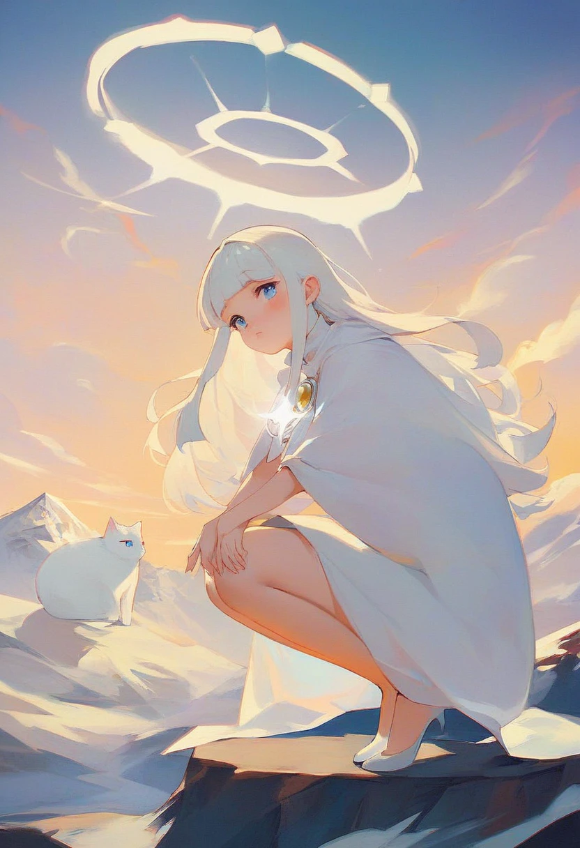 (score_9, score_8_up, score_7_up), zPDXL, 1 girl, alone, looking at viewer, crouching, hands on knees, white cat, mountain background, white hair, blue eyes, full body, long hair, white dress, bright white hair, white halo of light, halo, metallic pendant, blushing cheeks, white cat, mountain with a bit of snow, beautiful girl crouching with a halo of light, retro style, white cape, blunt bangs, white aura,