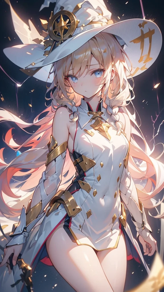 1 girl, trap, Blonde Hair, One-side long braid, blue eyes, flat chest, A short person, White robe, ,(Witch Hat), (18 years old),Bare legs, thunder电,lightning,electrical arcs,Discharge of,magic,thunder,thunder环,thundermagic,thunder鸣握金杖, Ancient battlefield background, Textured Skin, Ultra HD, Ultra HD, Ultra HD, Ultra HD, The award-winning, High Detail, Incredible high-key lighting and shadows, masterpiece, Incredible illustrations