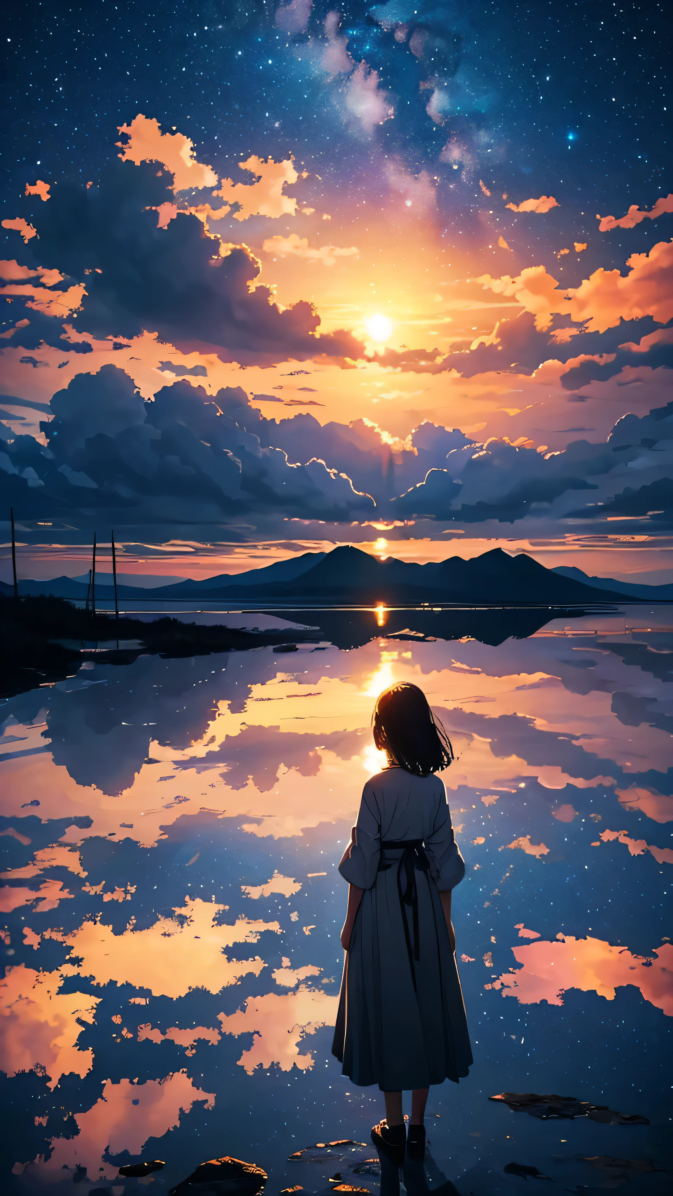 Every 夜空 carries the promise of a new dawn. Accept the outcome, Paving the way for a beautiful beginning. Nature painting. cloudy, sunset, A small woman is reflected in the photo.、Back view、Fantastic starry sky、