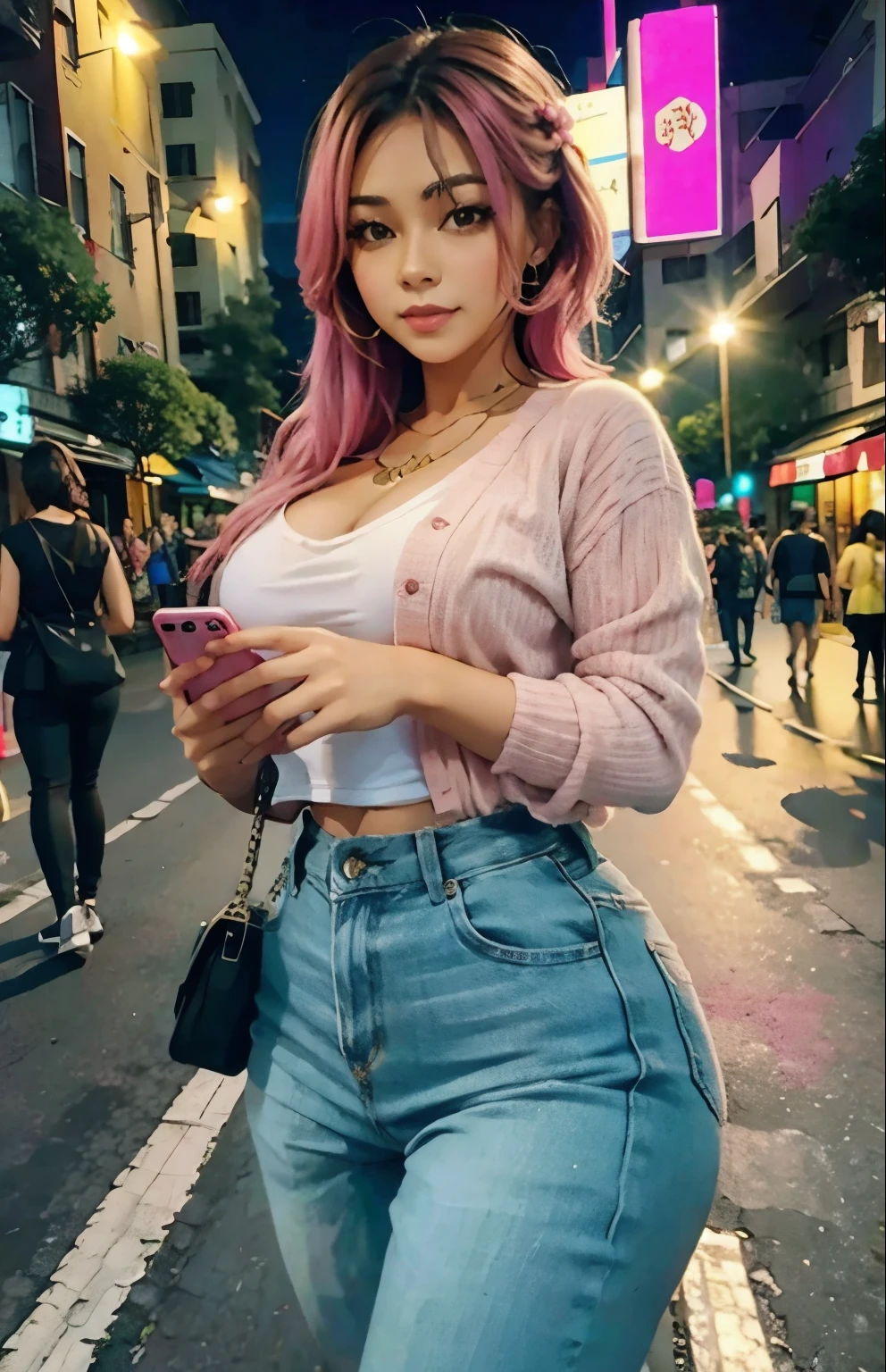 Beautiful woman, street at night with lights, fiddling with smartphone, hot pants, fragrant pink flowers, passers-by, gradation of night scene, fine details, subtle tones, tranquility floating on the screen.  