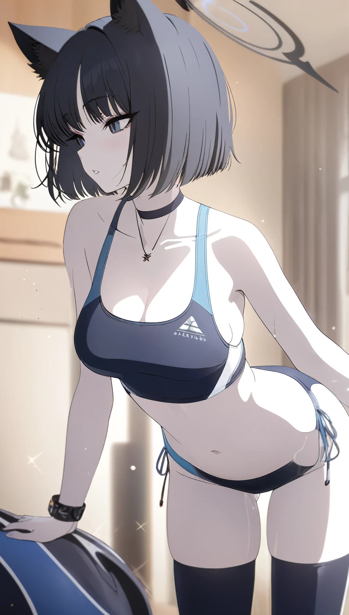 (8k, 4k, Masterpiece, Ultra quality, Ultra detail, HDR, Brighter colors), (1girl, cat ears, Kiryuu Kikyou (Blue Archive), pale skin, Black eyeliner, Black hair, short bobcut, bangs, breasts, (Sporty-swimsuit, thigh highs), plain background, standing