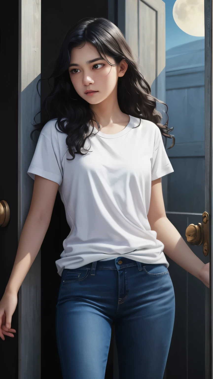 ((best quality)), ((masterpiece)), (detailed), A digital illustration of a long black haired age girl slowly opening a door with a expression of tense on her face. She is wearing a plain white t-shirt and blue jeans. The background is full moon and haunted