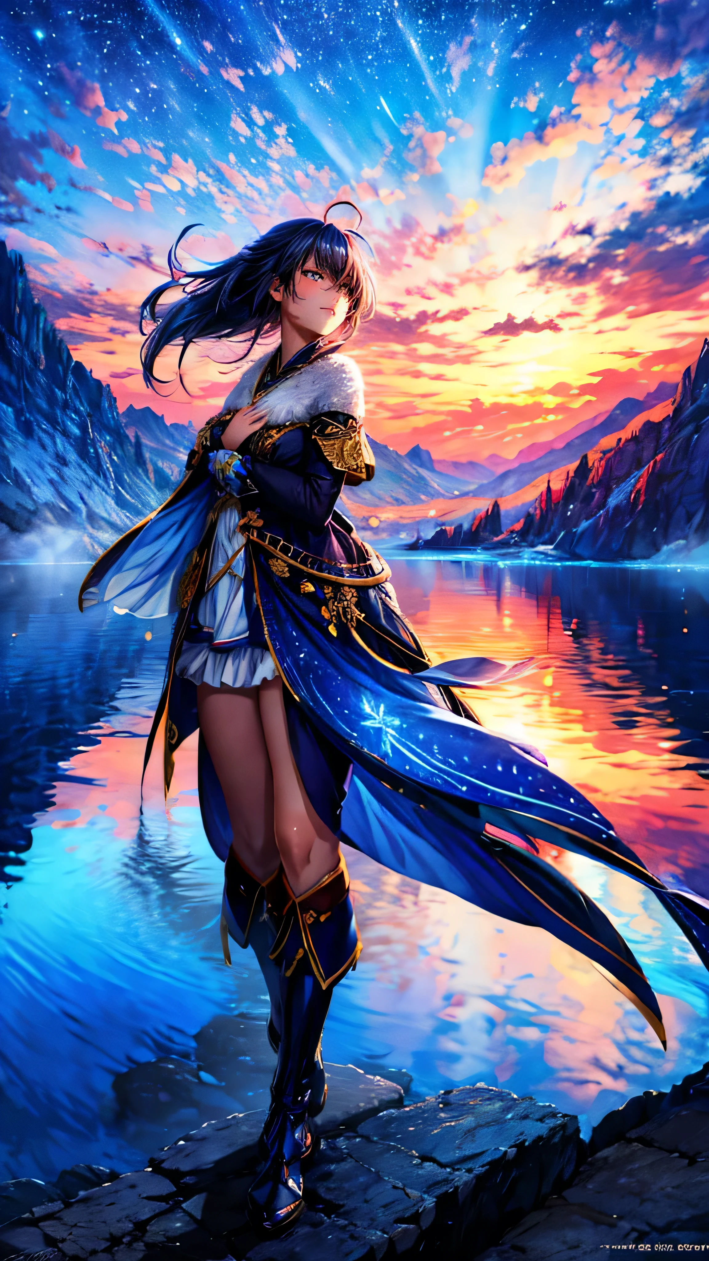 1girl, looking up at the sky, vast landscape, blue sky, outdoor, backview, flowers at her feet, wind blowing hair, reflection on water surface, anime style, detailed facial features, beautiful eyes, cute expression, Serene, peaceful, dreamlike, vibrant colors, soft lighting, high quality, 8k, photorealistic, masterpiece, digital art,masterpiece,best quality,ultra detailed,high-resolution,8k portrait,unity 8k wallpaper,extremely detailed CG unity 8k wallpaper、mysterious、Fantasy
