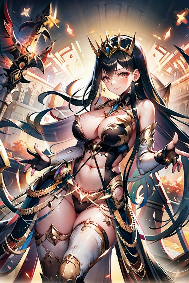 tiara, dress, showgirl skirt, long hair, black hair, red eyes, hair between eyes, cleavage, large breasts, bare thighs, bare shoulder, thighighs, panties, navel, sleeveless, midriff, bare hands,