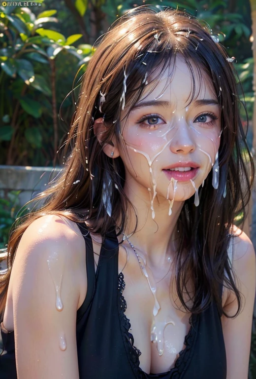 (Highest quality, 4K, 8k, High resolution, masterpiece:1.2), Very detailed, (Realistic, photoRealistic, photo-Realistic:1.37)、smile、black halter sleeveless、(((Bukkake)))、Lips parted,