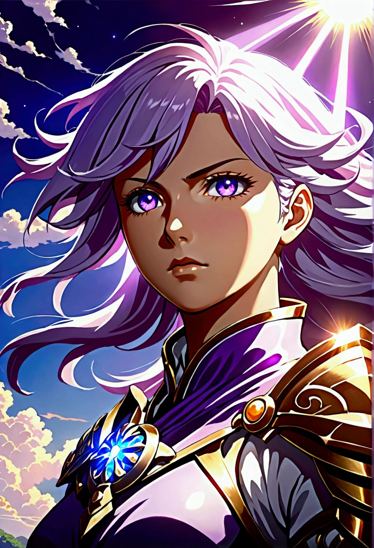 Highest quality, Super quality, 16K, Incredibly absurd, Very detailed, 2.5D, delicate and dynamic, Small faint lights and flying fireflies, night, Starry Sky, milky way, nebula, shooting star,,erotic, sole sexy lady, healthy shaped body, 22 years old lady, Asura, 170cm tall, huge firm bouncing busts, A colorful holy sword, Complicated armor, Brightly colored armor,