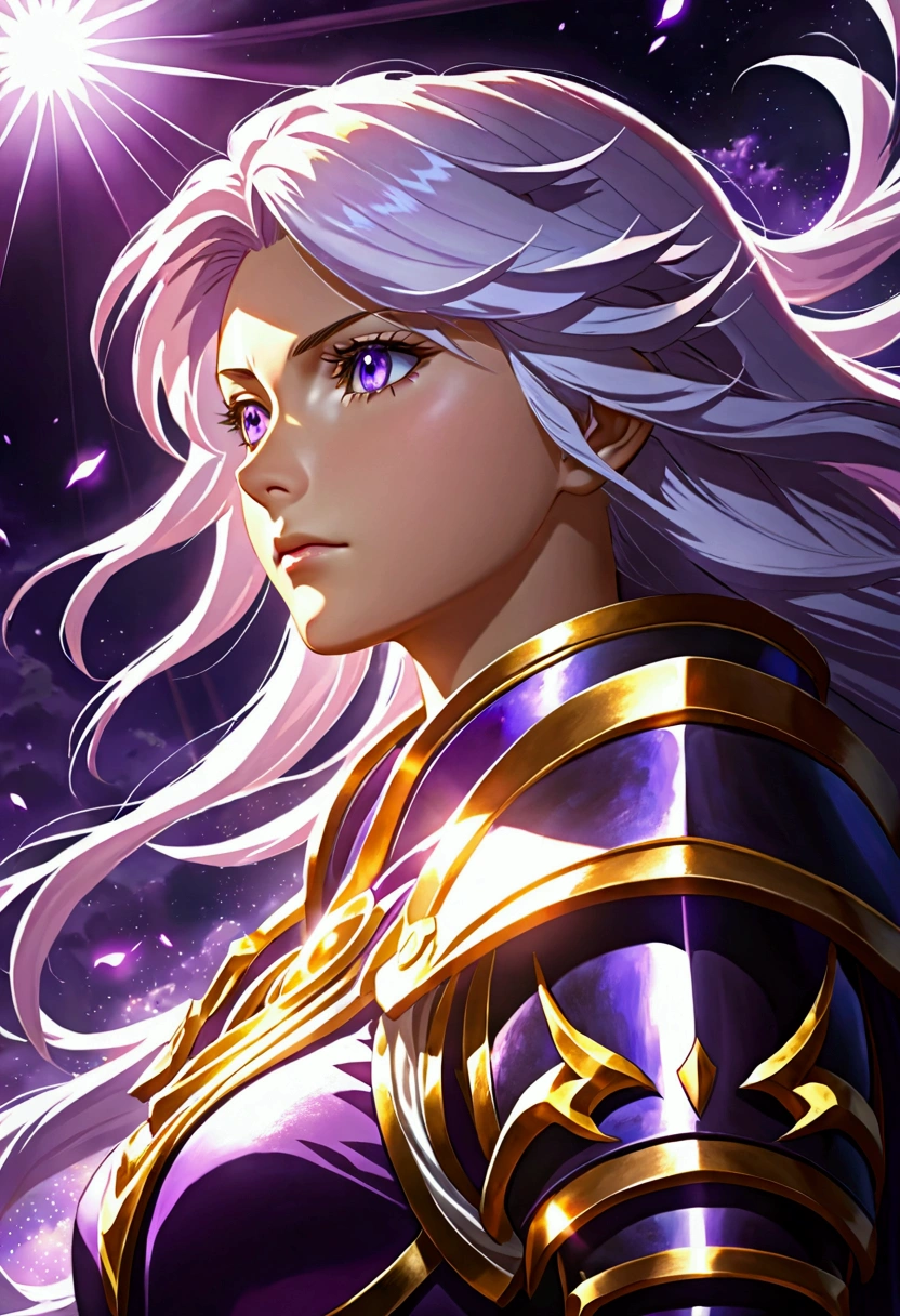 ((((close up)))), a anime character with purple background, cinematic ray, godrays digital painting, natalie from epic battle fantasy, ray of light, fantasy style anime, Ray of the Gods, Sunbeam, cinematic | | very anime!!!, epic anime style, epic anime fantasy, Right Godrays, cinematic | | lots of anime, sharp lighting from sun rays