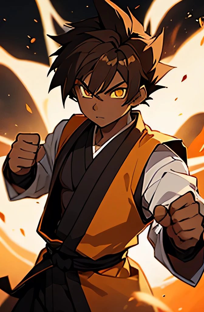 young male, yellow white eyes, dark skin, black and orange kimono, brown hair, kenpo, super saiyan