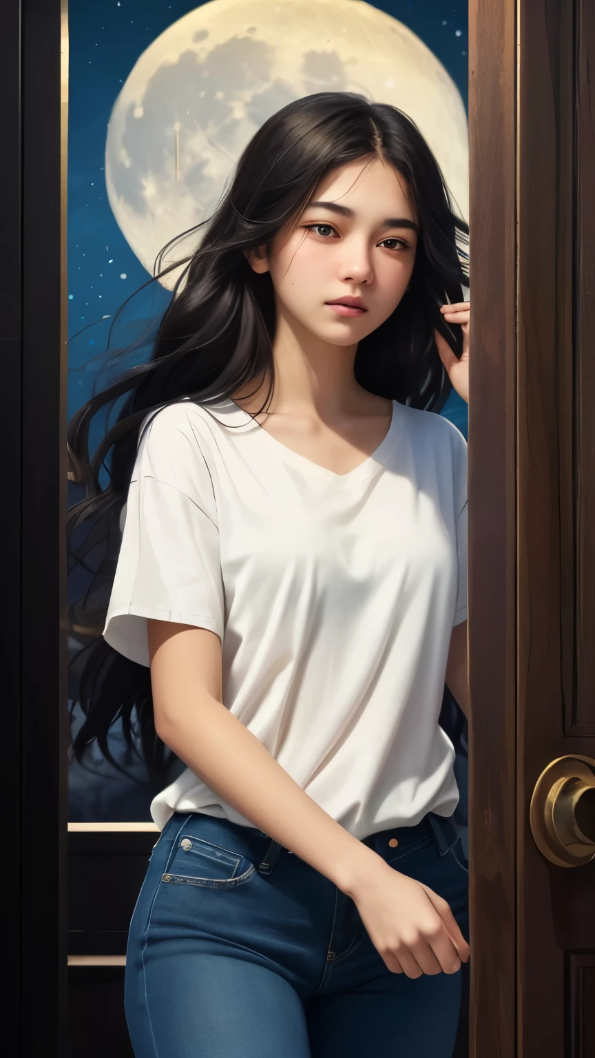 ((best quality)), ((masterpiece)), (detailed), A digital illustration of a long black haired teenage girl slowly opening a door with a expression of tense on her face. She is wearing a plain white t-shirt and blue jeans. The background is full moon and haunted