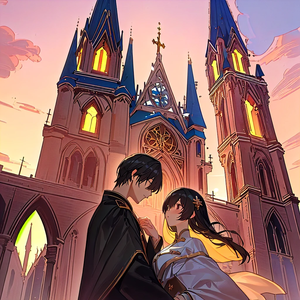 Two people stood in front of a building, cathedral in the background, Church in the background, As the sunset, There is a tower, cathedral, cathedral!!!!!, couple pose, lovely couple, Korean Artist, Photos taken with Canon 5d, Romantic scene, cathedral background, in love, Dreamlike scene, ( Castle in the background ), romantic couple, couple