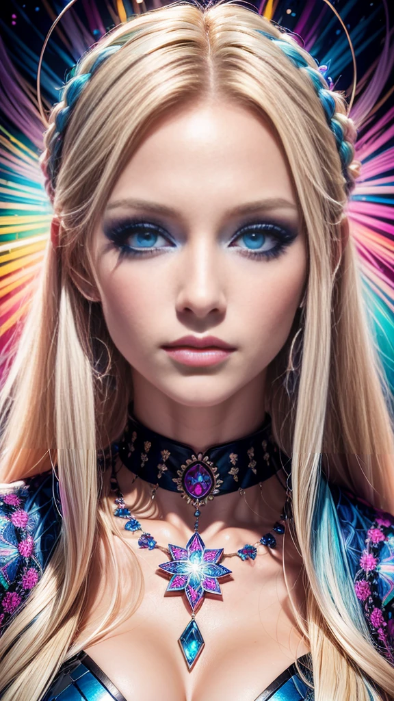 (Masterpiece, Top Quality, Best Quality, Official Art, Beautiful and aesthetic:1.2), (1Girl:1.3), Extremely detailed,(fractal art:1.2),colourfull,highest details,( Zentangle neon:1.2), (Dynamic Pose), (Abstract background neon:1.5), (treditional dress:1.2), (sparkly skin), (many colors:1.4), upper half body ,neons,16 k,Full HD, Blue Eyes, beautidful eyes, extremely detailed eyes and face, Beautiful detailed eyes, Ultra-detailed, light on the face, with long blond hair, Blonde hair, Slim Body, Fair skin, a 18 year old girl,