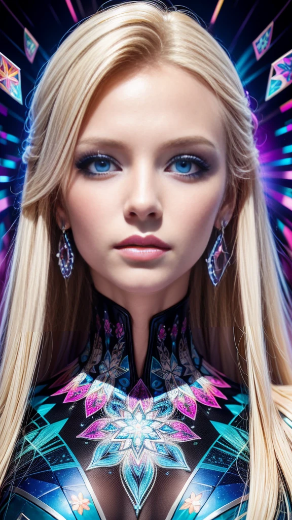 A stunning digital portrait of a woman with piercing blue eyes and flowing blonde hair, adorned with vibrant makeup and surrounded by a kaleidoscope of bright, bold colors.