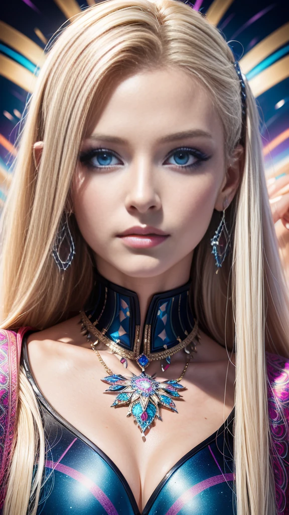 A stunning digital portrait of a woman with piercing blue eyes and flowing blonde hair, adorned with vibrant makeup and surrounded by a kaleidoscope of bright, bold colors.