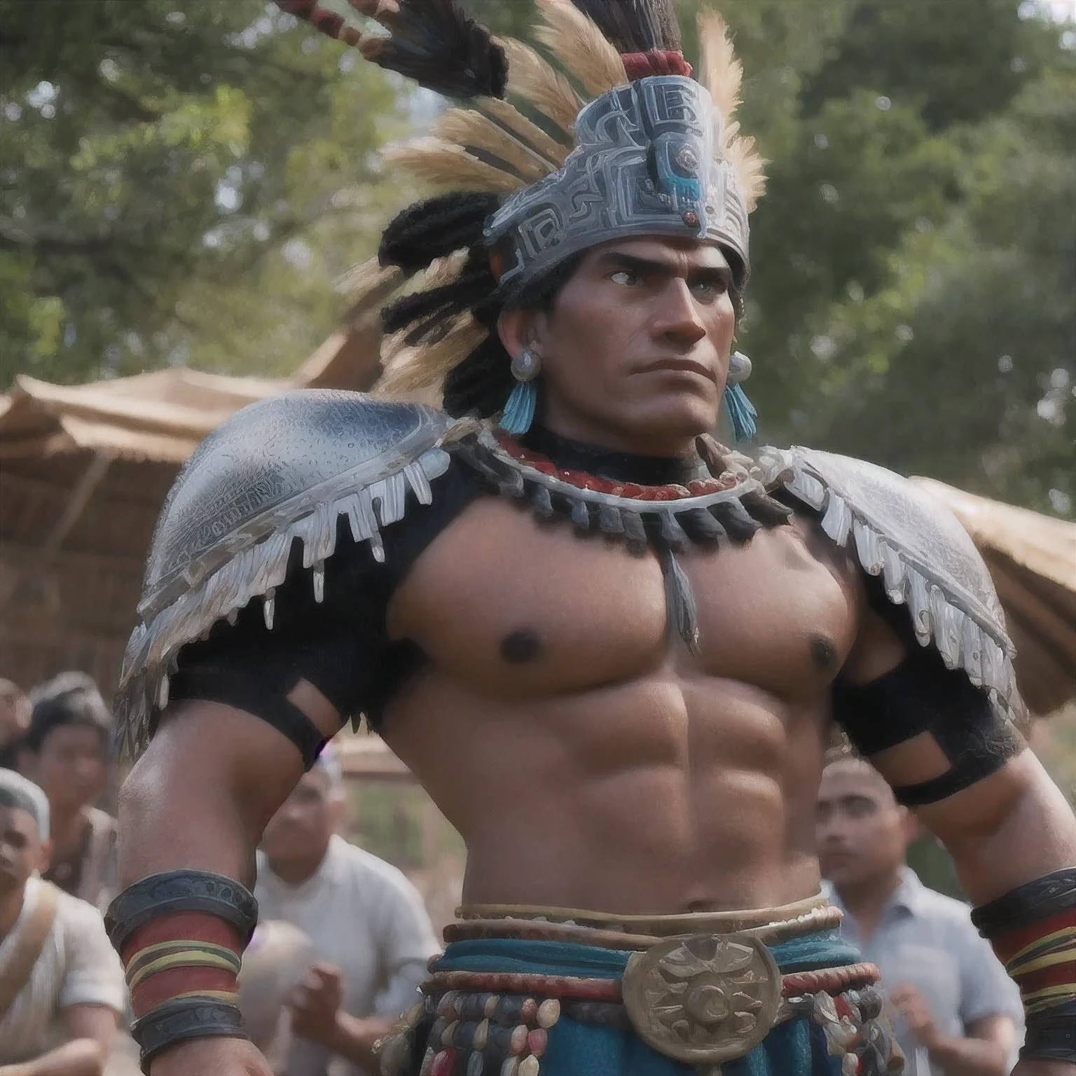 A man in costume、Close-up of man wearing large headdress, Revelation, movie still of aztec cyborg, mayan jaguar warrior, scene from live action , wearing tribal armor, mexican warrior, still from a live action movie, Mohawk, an aztec warrior, an an aztec warrior, an aztec warrior, still from a fantasy movie, Movie screen shot,