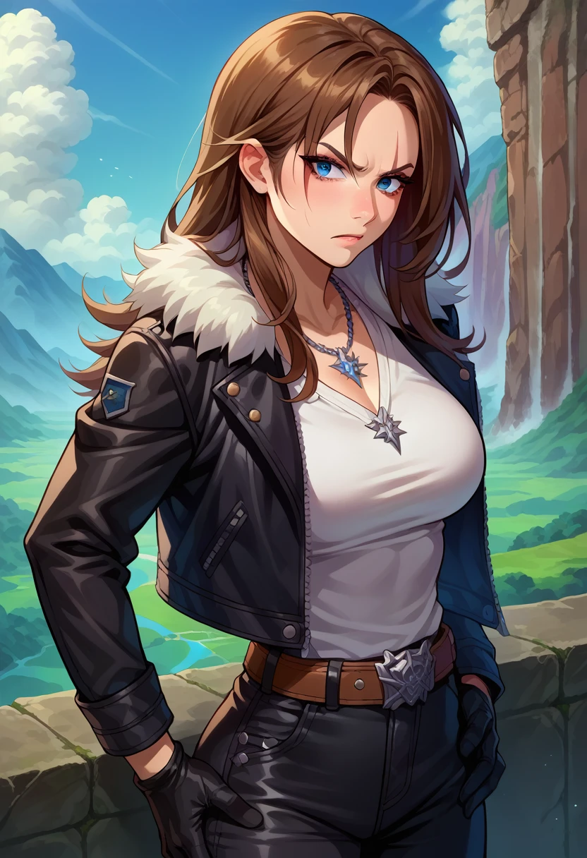 score_9, score_8_up, score_7_up, 1girl, solo, (female:1.5),female focus, female body, squall, necklace, brown hair, long hair, gloves, white shirt, blue eyes, shirt, black gloves, jacket, black jacket, fur trim jacket, black pants, belt,breasts, scar, diagonal scar, scar on face, parted bangs, angry, hands on ass, standing, ((looking down)), landscape, from behind