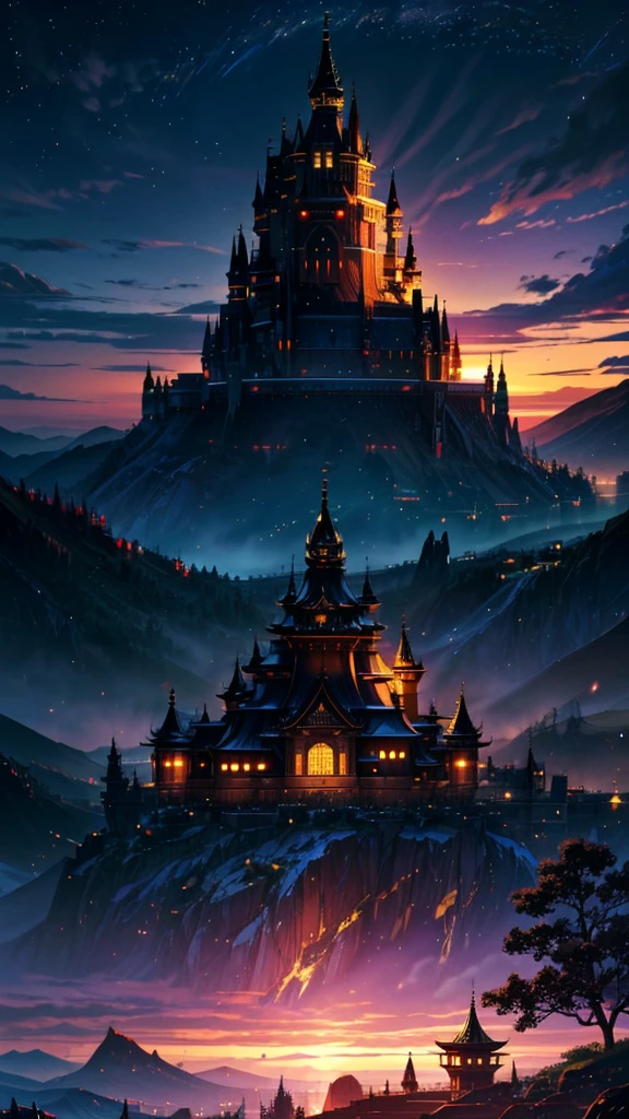 Generate a 4K resolution (400x900) image in the enchanting golden Castle guarding by big black dragon anime style, portraying a quintessential world of sky that no one has seen or imagined, soft colors:: illustration --ar 4:9