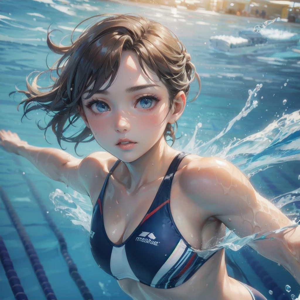 masterpiece, (textured skin), best quality, gorgeous beautiful girl, (a female swimming athlete), detailed clothes,large breasts,narrow waist,, (beautiful face), cinematic lighting, (at swimming venue ),