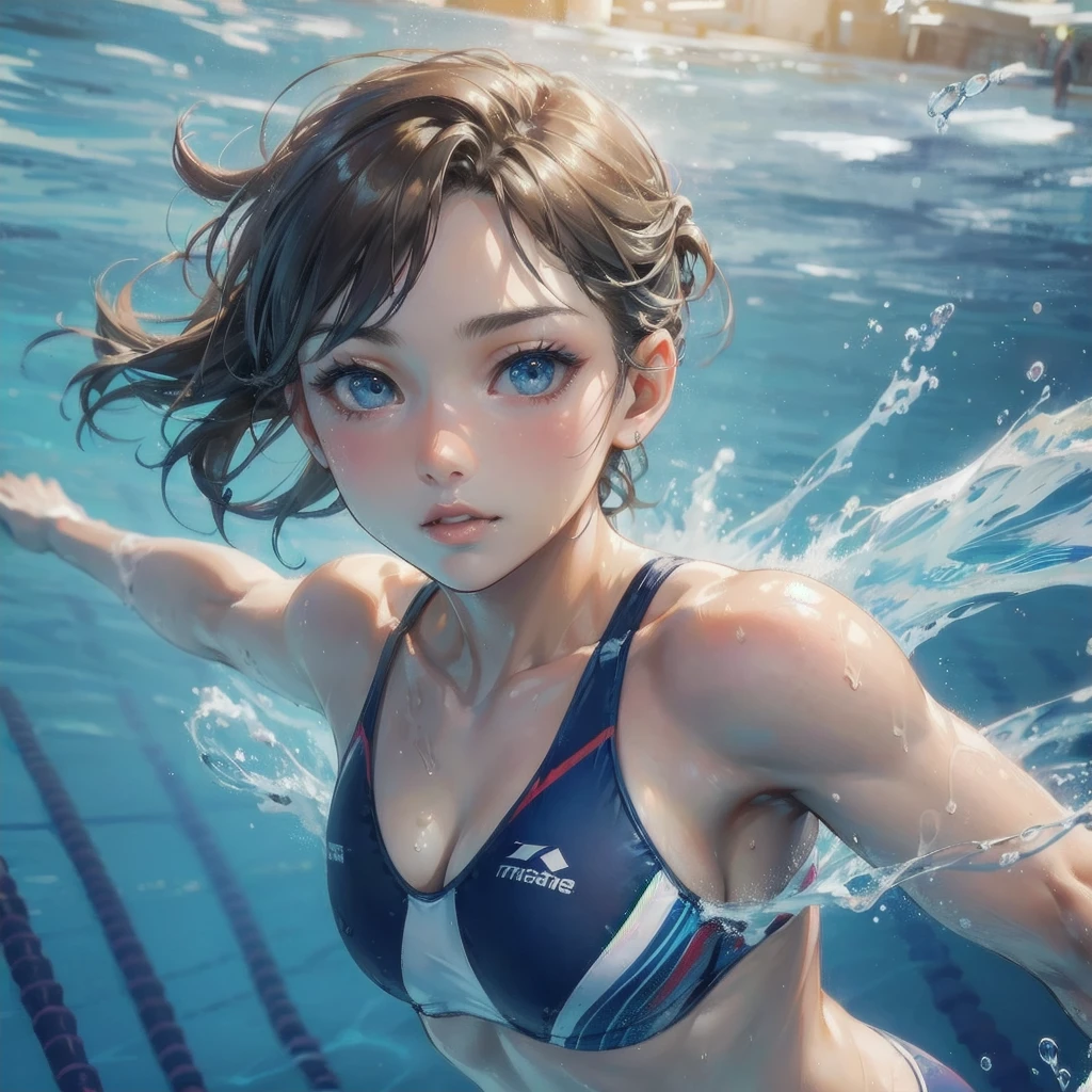 masterpiece, (textured skin), best quality, gorgeous beautiful girl, (a female swimming athlete), detailed clothes,large breasts,narrow waist,, (beautiful face), cinematic lighting, (at swimming venue ),
