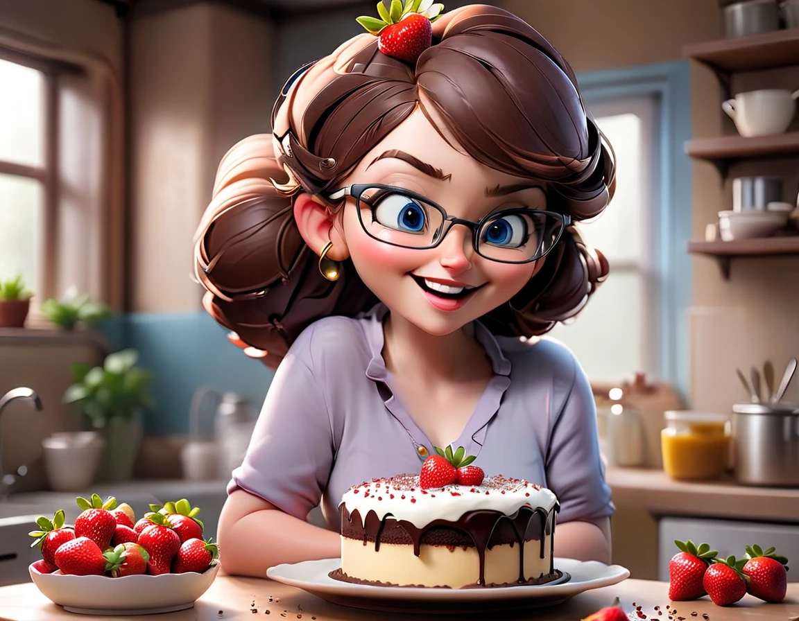 A 28 year old woman with blue eyes, overweight and glasses and a beautiful body, big breasts, a thin waist, wide hips in the kitchen, on the table, a chocolate cake with strawberries, next to a piece of pudding, she is smiling happily 