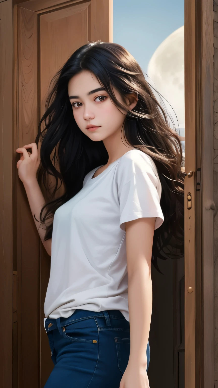 ((best quality)), ((masterpiece)), (detailed), A digital illustration of a long black haired age girl slowly opening a door with a expression of tense on her face. She is wearing a plain white t-shirt and blue jeans. The background is full moon and haunted