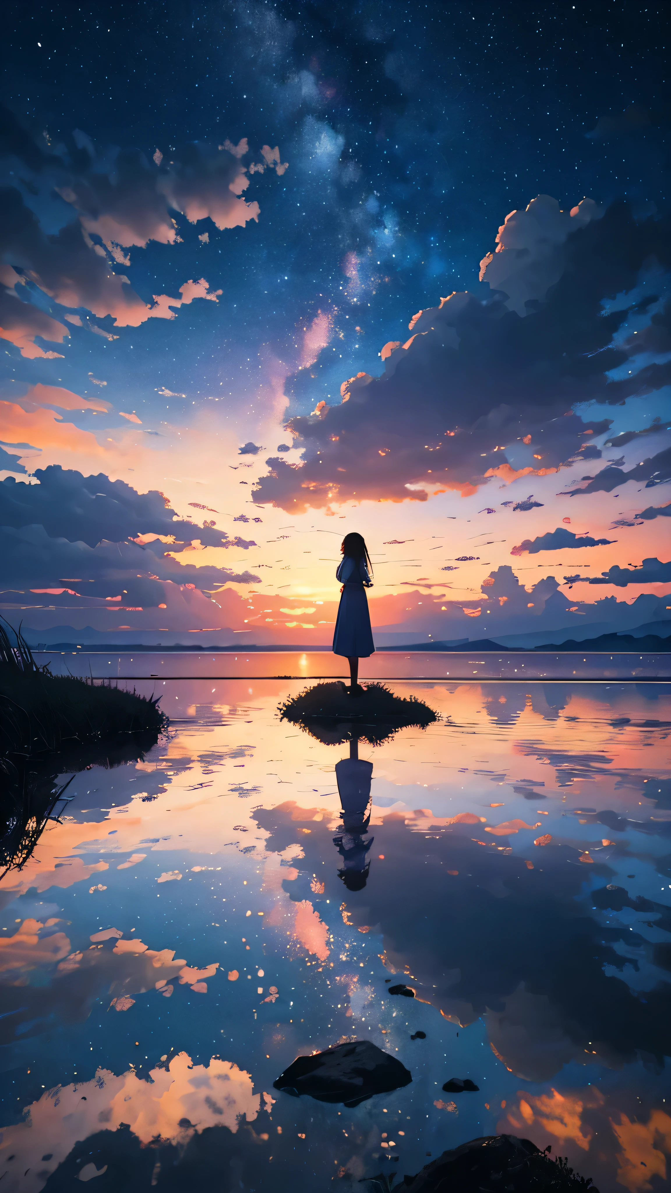Every 夜空 carries the promise of a new dawn. Accept the outcome, Paving the way for a beautiful beginning. Nature painting. cloudy, sunset, A small woman is reflected in the photo.、Back view、Fantastic starry sky、
