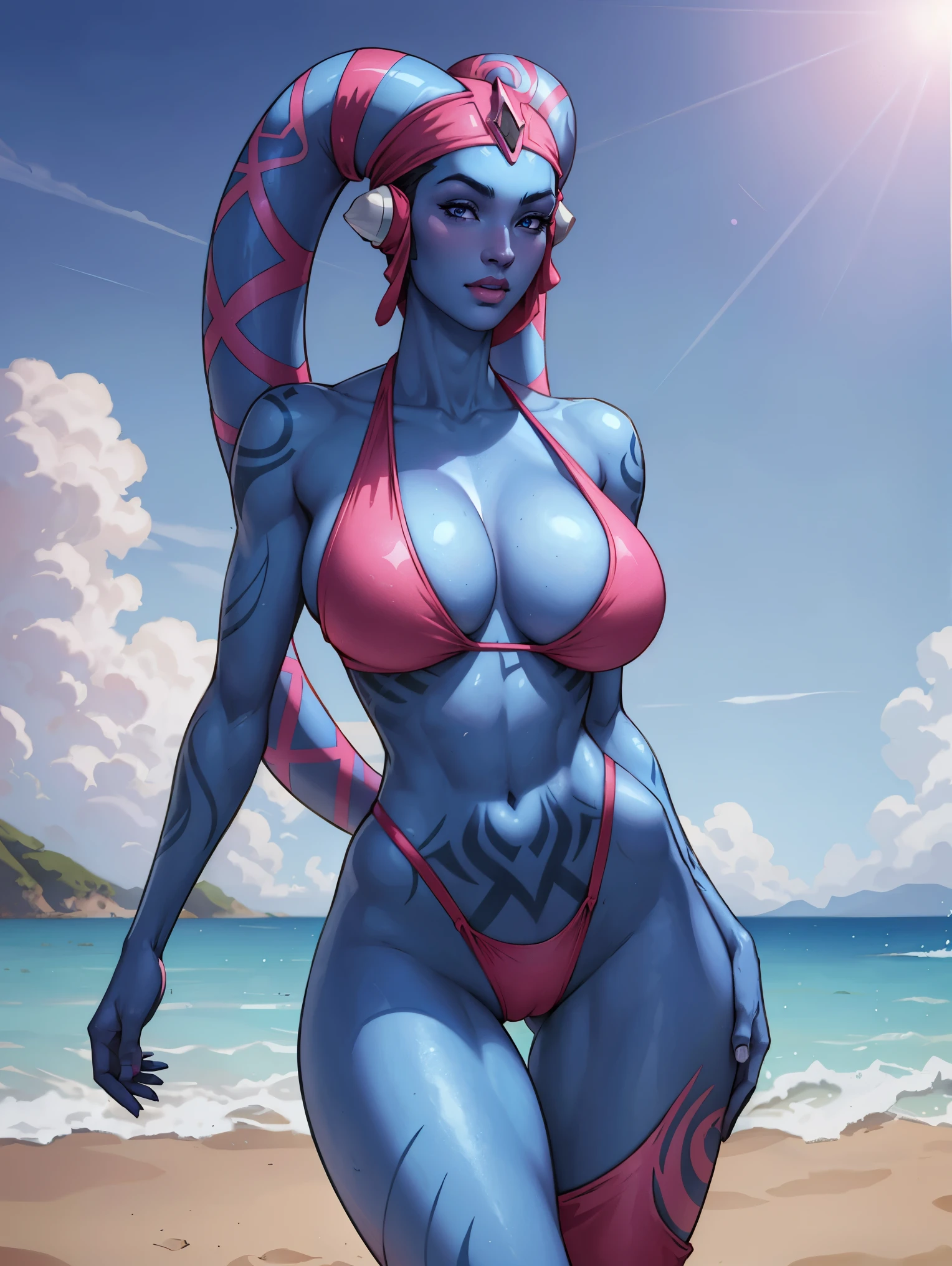 Bloom, HDR, lens flare, Tall Blue Skin Twi'lek with (large breasts) wearing a hot pink bikini on the beach, tattoos, cleavage, tall, graceful, (tall, long legs), athletic, slim hips, small waist, close-up