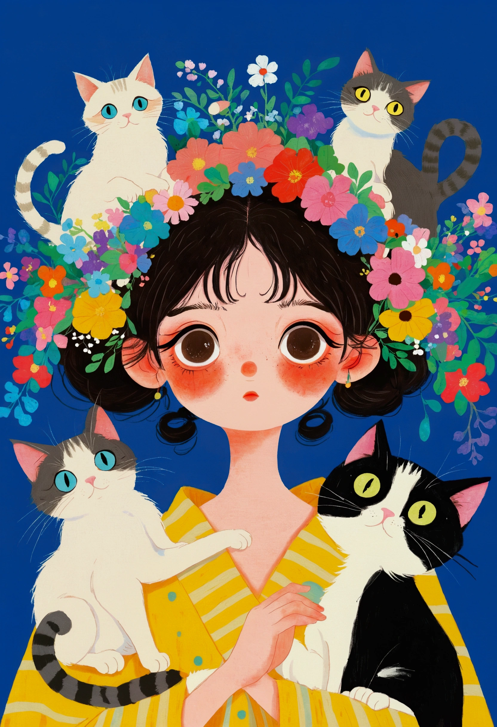 Pastel Art:There is a painting,The painting is a girl,Big colorful eyes,There are a group of cats on the head, Colored pencil drawings of Nobumasa Yanagawa, pixiv, What is it?, Japanese illustrator, Studio Ghibli Art, studio Ghibli art style, Ghibli art style, Ghibli art style, Portraitc 1 2. 0, Portrait c 12.0