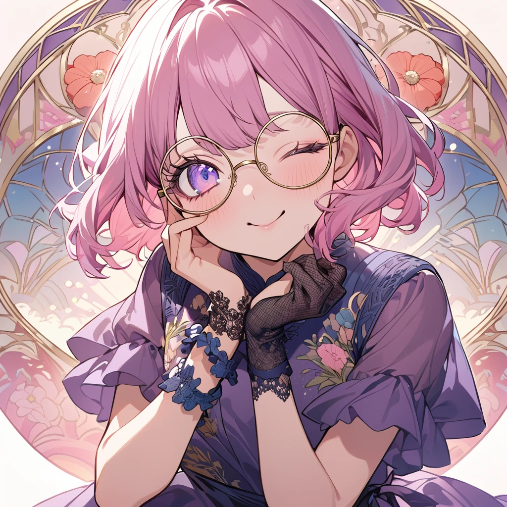 Hiori Light Art, Backlight, Pink Theme, (Art Nouveau:1.2), (Background of Meandros:1.2), pastel colour, One girl, alone, Portraiture, Pink Hair、Round Glasses、Short Bob，birthday whole cake, Striped Hair, 彼女はbirthday whole cakeが乗った皿を持っている, (Long eyelashes:1.2), Light purple eyes, Round Glasses，Long eyelashes, Silk dress, Purple Dress, blue embroidery, Short sleeve, Birthday mood、Lace gloves, Wrist scrunchies,  (Emphasis on high-quality fabrics, embroidery:1.2 ), close, (;q:1.1), Close one eye, Conceit,, Put your hand on your cheek, head_Tilt, (Emphasis on high-quality fabrics, embroidery:1.2), bloom, Shine, Perfect lighting, masterpiece, Highest quality, Incredibly absurd, Super detailed, reflection, chrysanthemum, Poppy, peony