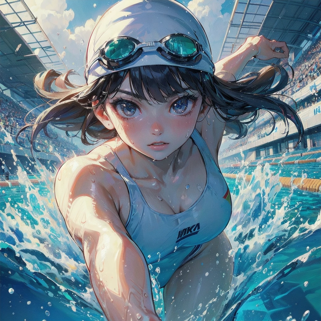  masterpiece, (textured skin), best quality, gorgeous beautiful girl, (a female swimming athlete), detailed clothes,large breasts,narrow waist,, (beautiful face), cinematic lighting, (at swimming venue ),