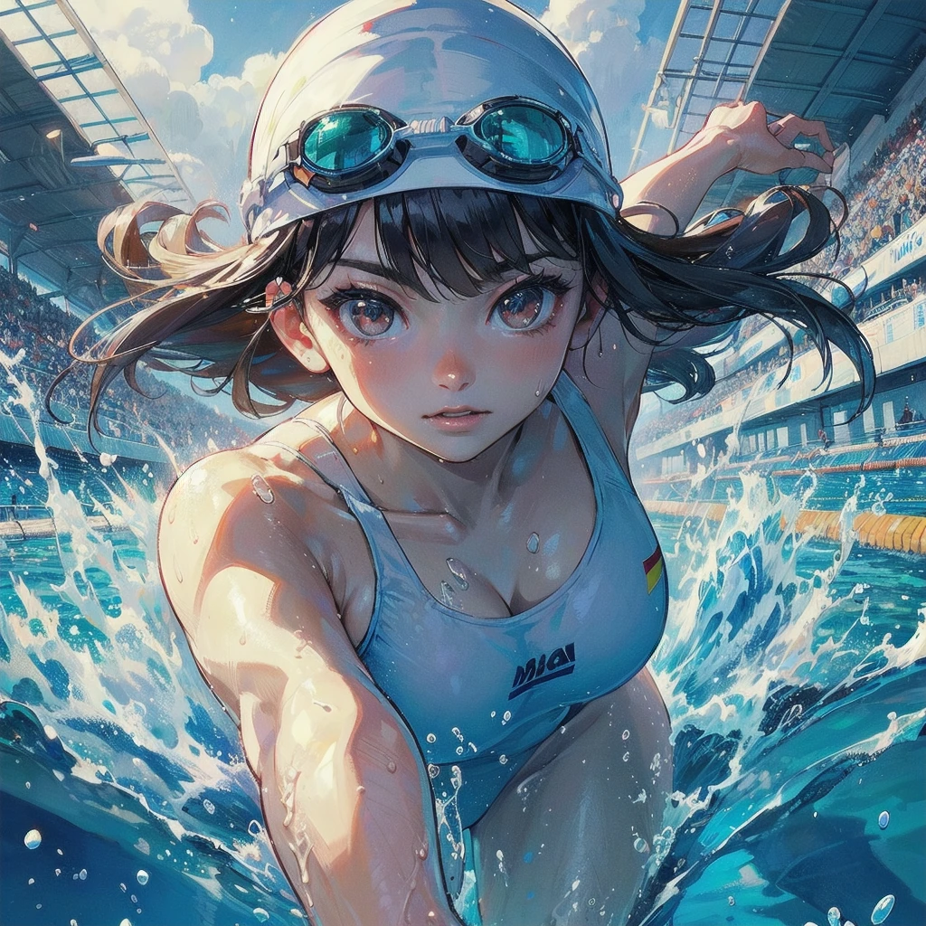  masterpiece, (textured skin), best quality, gorgeous beautiful girl, (a female swimming athlete), detailed clothes,large breasts,narrow waist,, (beautiful face), cinematic lighting, (at swimming venue ),
