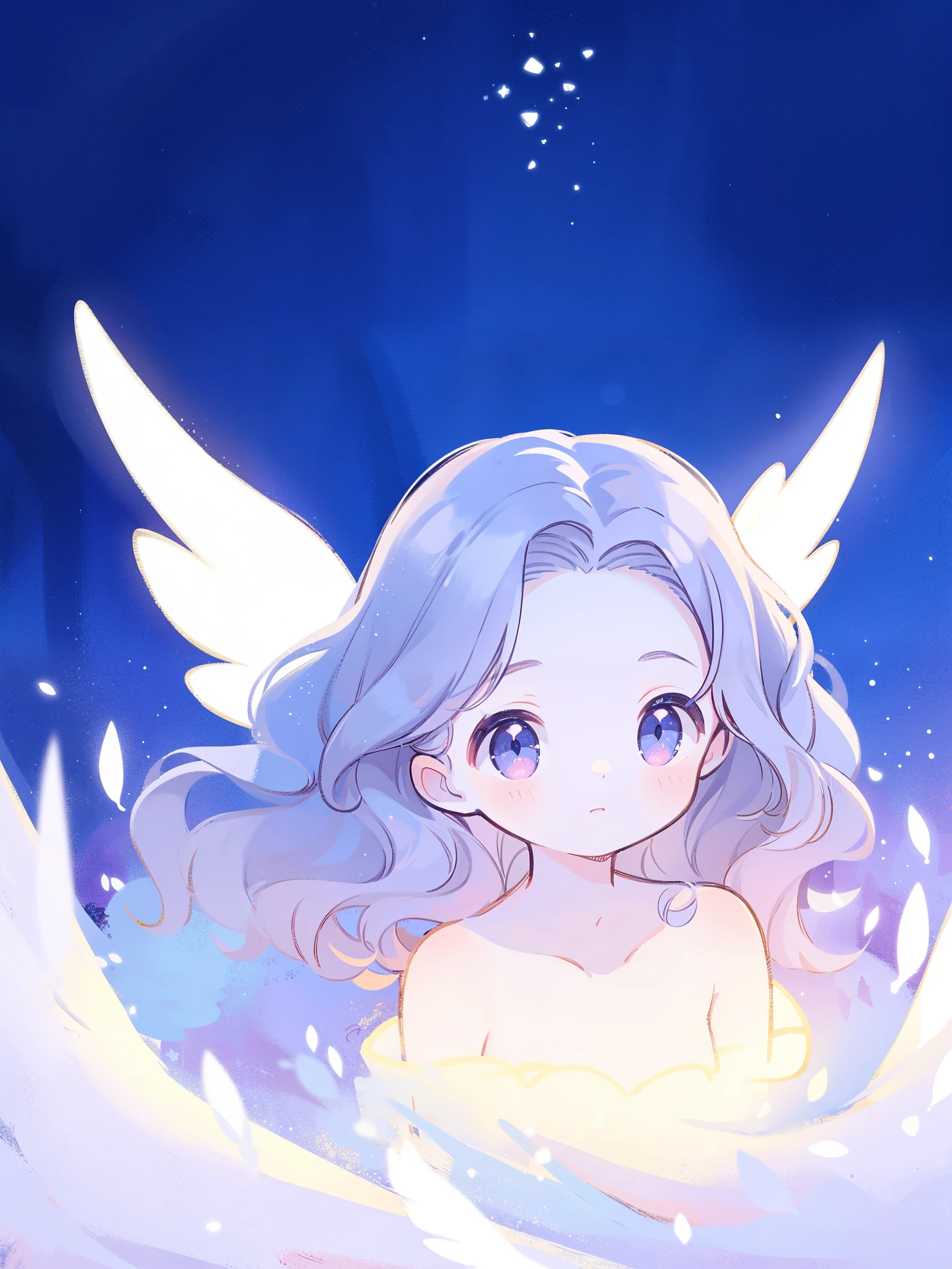 nude angel girl wearing an ethereal translucent dress, pale skin, ((wavy gradient blue purple hair)), white feathers, angel wings, sparkling detailed eyes, golden ratio face, perfect composition, highly detailed, ethereal, (starry night sky background), midjourney style