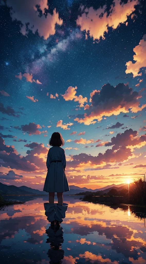 Every 夜空 carries the promise of a new dawn. Accept the outcome, Paving the way for a beautiful beginning. Nature painting. cloudy, sunset, A small woman is reflected in the photo.、Back view、Fantastic starry sky、