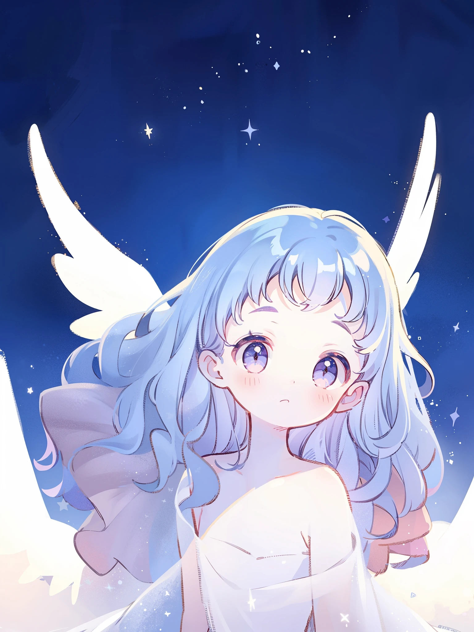 nude angel girl wearing an ethereal translucent dress, pale skin, ((wavy gradient blue purple hair)), white feathers, angel wings, sparkling detailed eyes, golden ratio face, perfect composition, highly detailed, ethereal, (starry night sky background), midjourney style