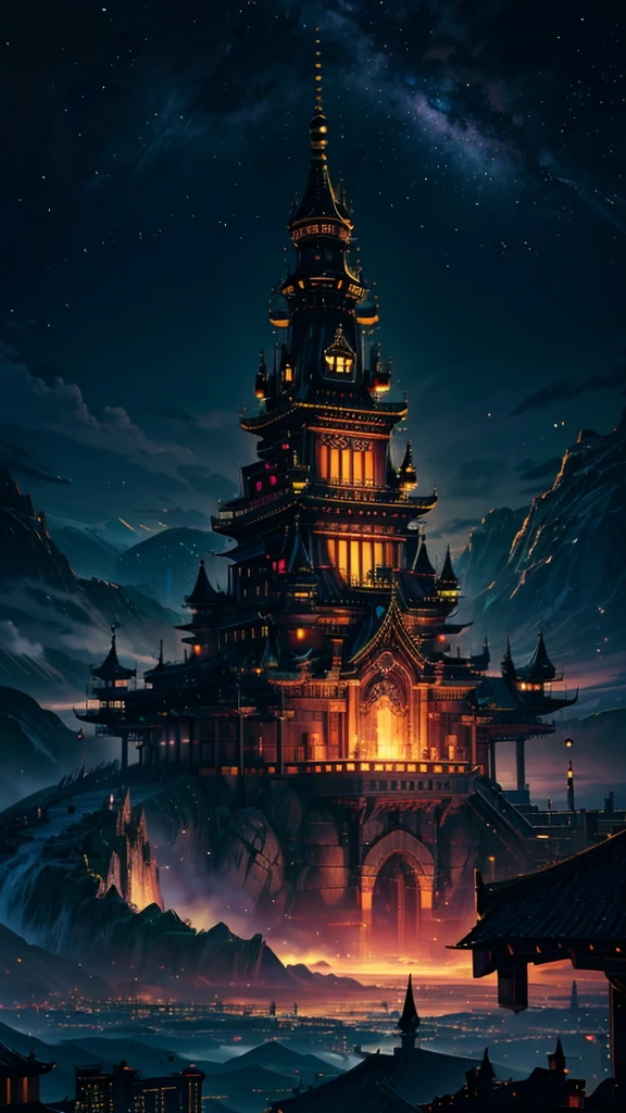 Generate a 4K resolution (400x900) image in the enchanting golden Castle,big black dragon anime style, portraying a quintessential world of sky that no one has seen or imagined,  soft colors:: illustration --ar 4:9
