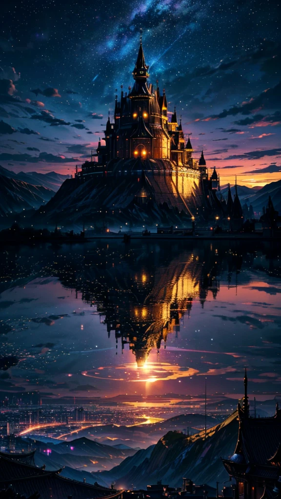 Generate a 4K resolution (400x900) image in the enchanting golden Castle,big black dragon anime style, portraying a quintessential world of sky that no one has seen or imagined, soft colors:: illustration --ar 4:9