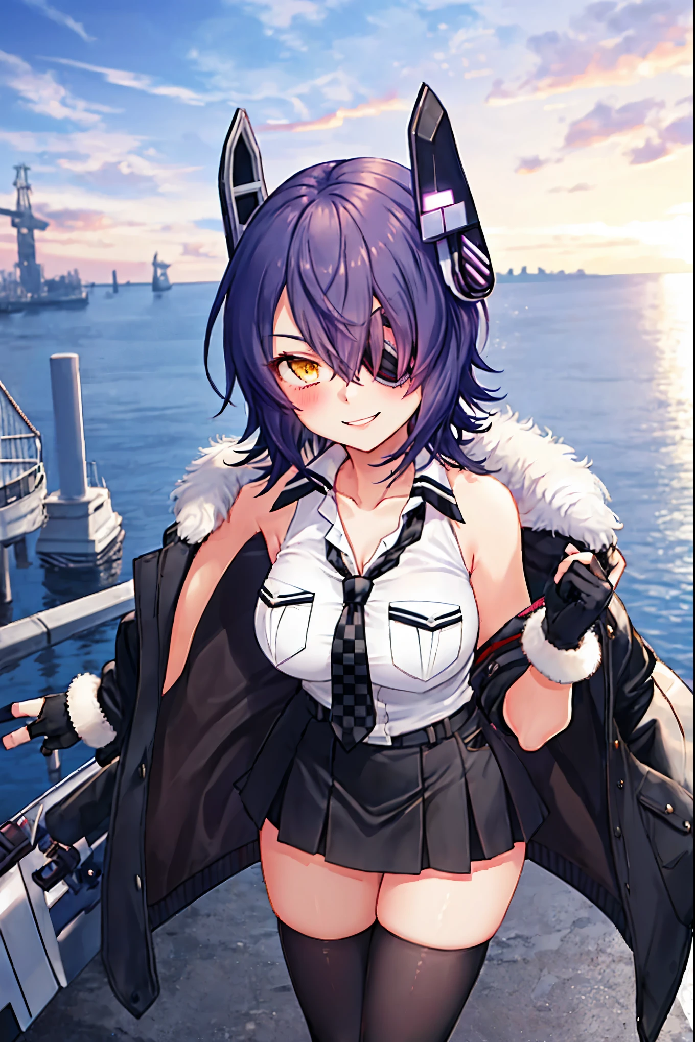 best quality, masterpiece, solo, {tenryuu_kantaicollection:1.15}, teen_girl, eyepatch, short_hair, purple_hair, yellow_eyes, headgear, breasts, necktie, large_breasts, smile, 1girl, blush, checkered_necktie, hair_over_one_eye, shirt, collared_shirt, white_shirt, jacket, sleeveless, brown_eyes, fur-trimmed_jacket, fur_trim, collarbone, looking_at_viewer, pocket, breast_pocket, ,, messy_hair, black_gloves, gloves, partially_fingerless_gloves,harbor_road_landscape_background,outdoor,short_skirt,thigh-highs,boots,sunlight,from_below