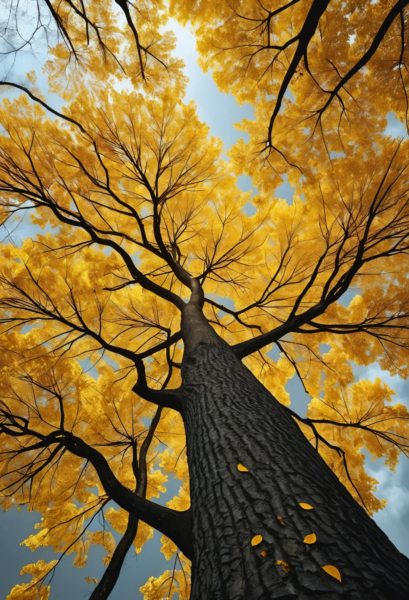 A tall tree with golden leaves, seen from the bottom looking up at the sky, falling leaves, dark grey background, fantasy style, in the style of hyper realistic photography, epic scenery.