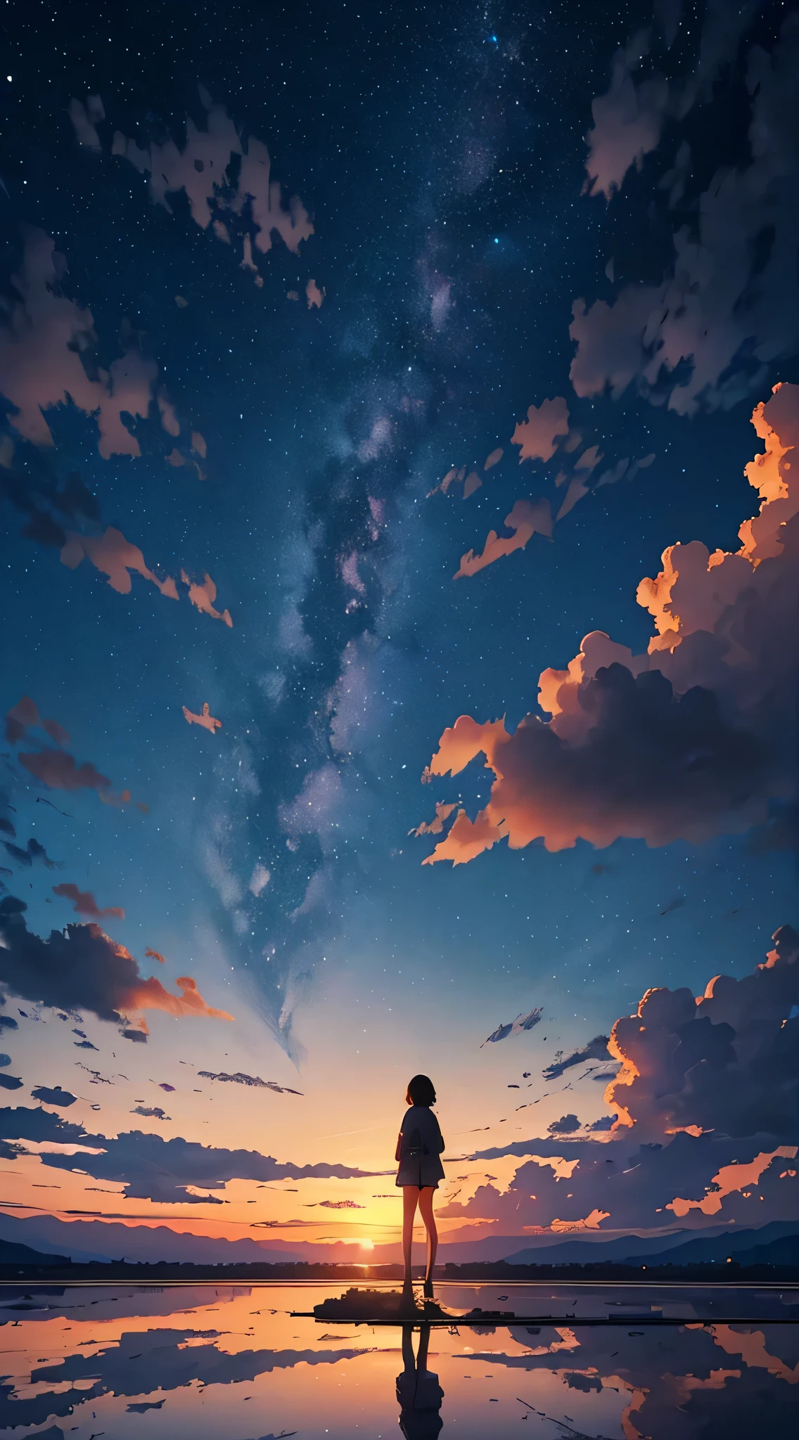 Every 夜空 carries the promise of a new dawn. Accept the outcome, Paving the way for a beautiful beginning. Nature painting. cloudy, sunset, A small woman is reflected in the photo.、Back view、Fantastic starry sky、