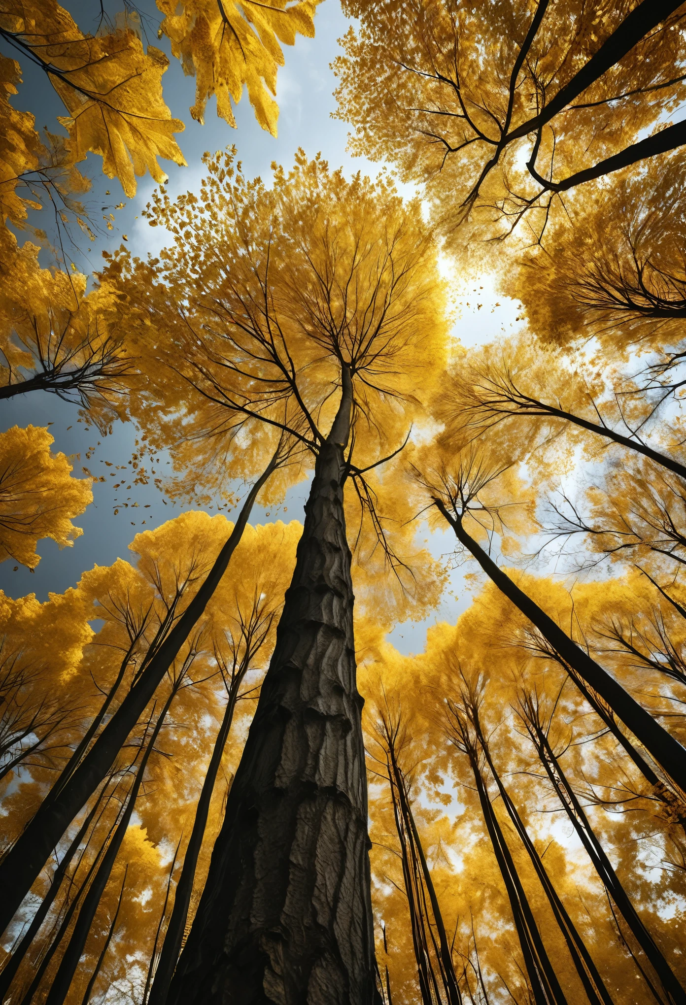 A tall tree with golden leaves, seen from the bottom looking up at the sky, falling leaves, dark grey background, fantasy style, in the style of hyper realistic photography, epic scenery.