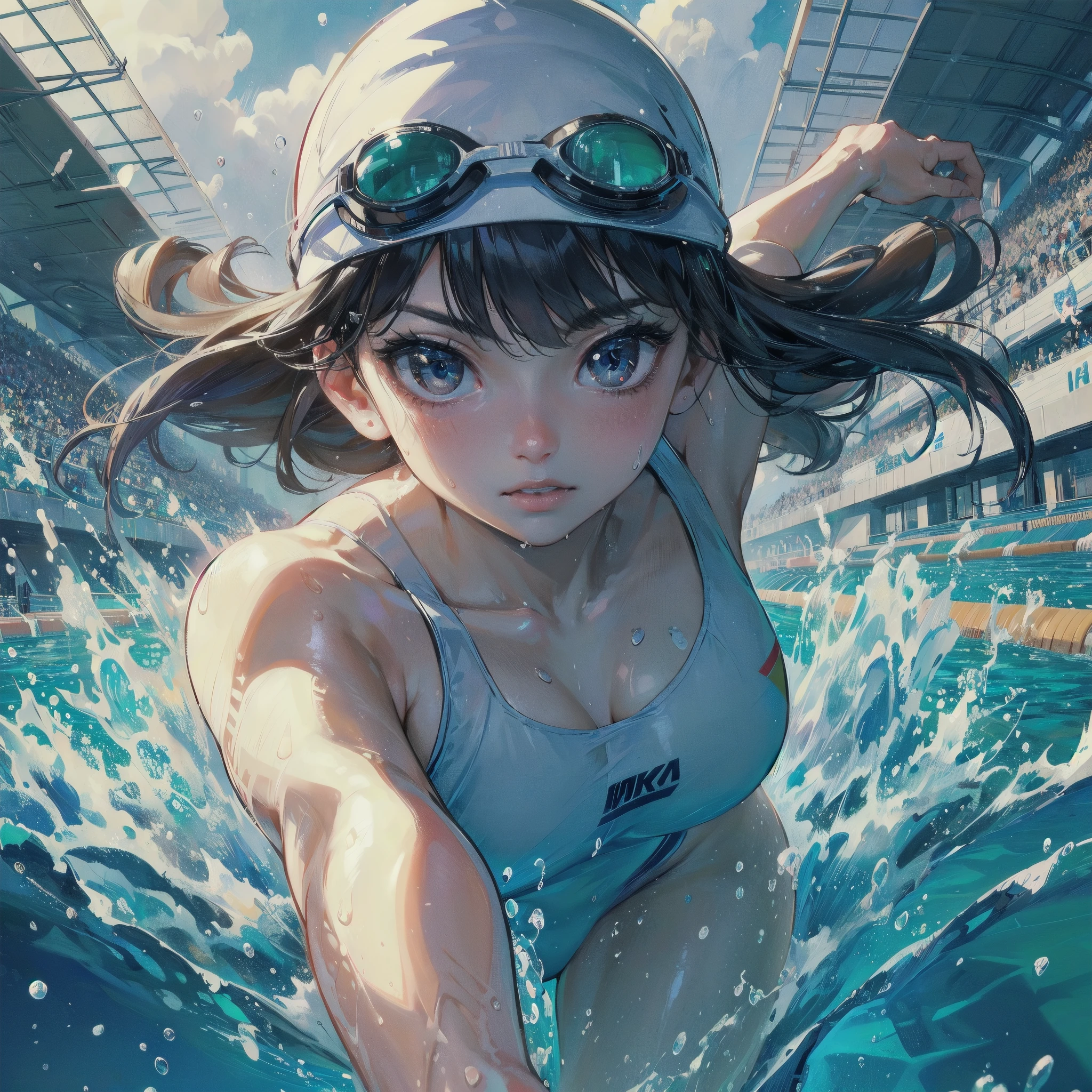  masterpiece, (textured skin), best quality, gorgeous beautiful girl, (a female swimming athlete), detailed clothes,large breasts,narrow waist,, (beautiful face), cinematic lighting, (at swimming venue ),