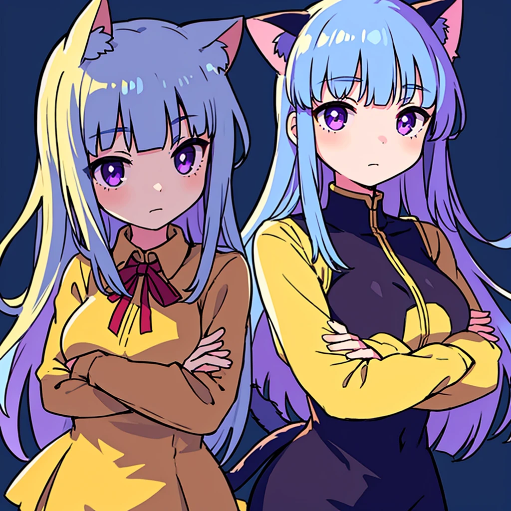 1girl, frederica bernkastel, bangs, blue bow, blue hair, blunt bangs, bow, breast hold, cat tail, crossed arms, dress, long hair, long sleeves, purple eyes, simple background, solo, tail bow, tail ornament, tail raised, tail ribbon