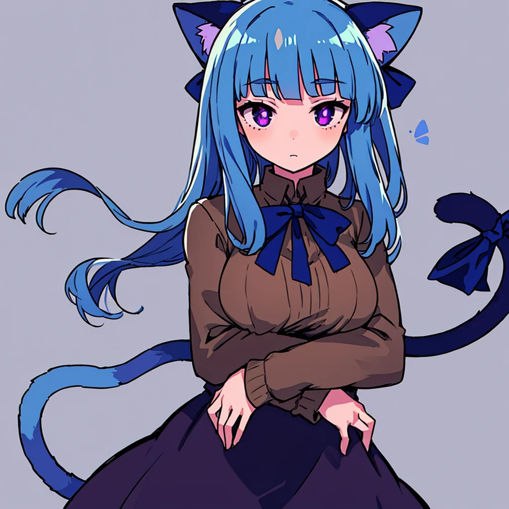 1girl, frederica bernkastel, bangs, blue bow, blue hair, blunt bangs, bow, breast hold, cat tail, crossed arms, dress, long hair, long sleeves, purple eyes, simple background, solo, tail bow, tail ornament, tail raised, tail ribbon
