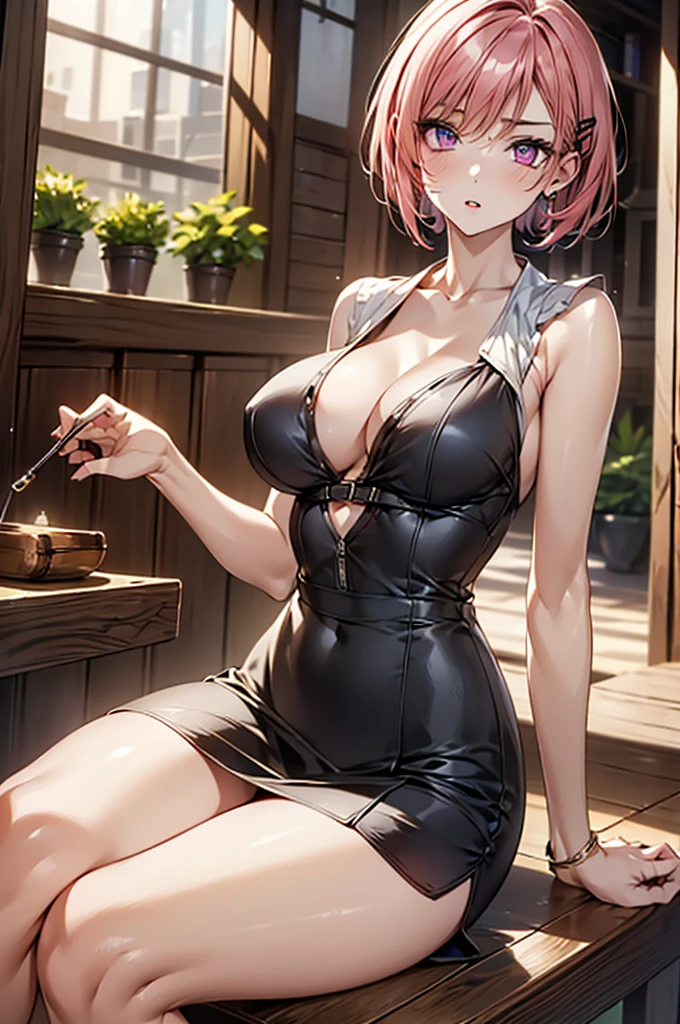 Masterpiece,Highest quality,8k,Ultra-high resolution,appropriate margins,lighting,Depicted from the waist up,BREAK,(1 person),Very beautiful female college student,Slim body,(The richest big breasts),Cleavage,Moisturized Skin,BREAK,(Pink Hair),Bangs are fastened with hairpins,mascara,Red eyeliner,Light pink lip,Thin teak,Thin eyebrows,BREAK,Light purple eyes,BREAK,Cute expression,Open your mouth a little,BREAK,A little short hair,Unshaven,BREAK,(Sleeveless white shirt),(mini skirt),(shop),BREAK,Eye contact